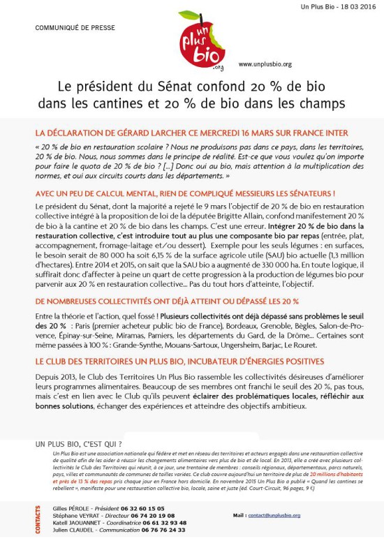 Communiqué Un Plus Bio - Gérard Larcher et le bio dans les cantines