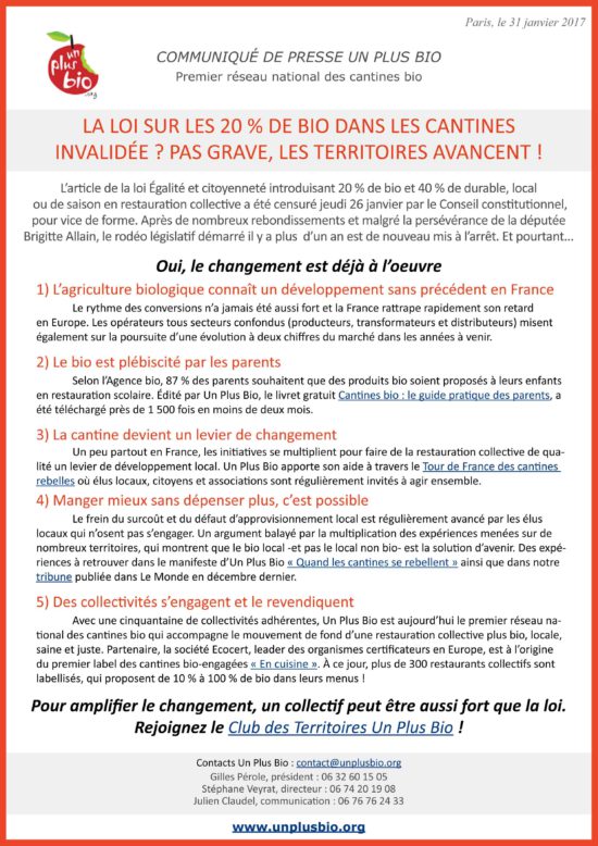 CP Un Plus Bio cantines bio censurées